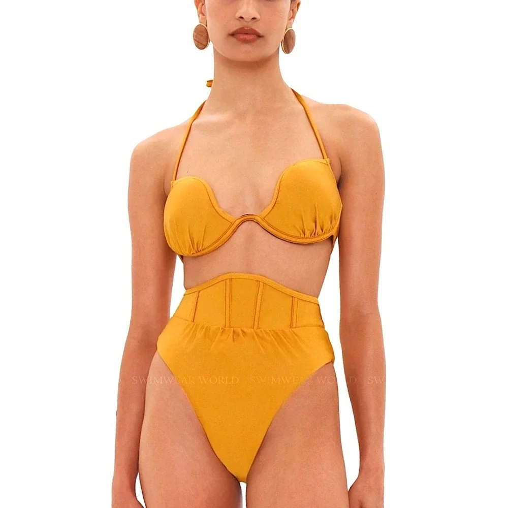 Andrea Iyamah Gura Bikini Set Mustard Yellow XL High Waist Underwire Halter